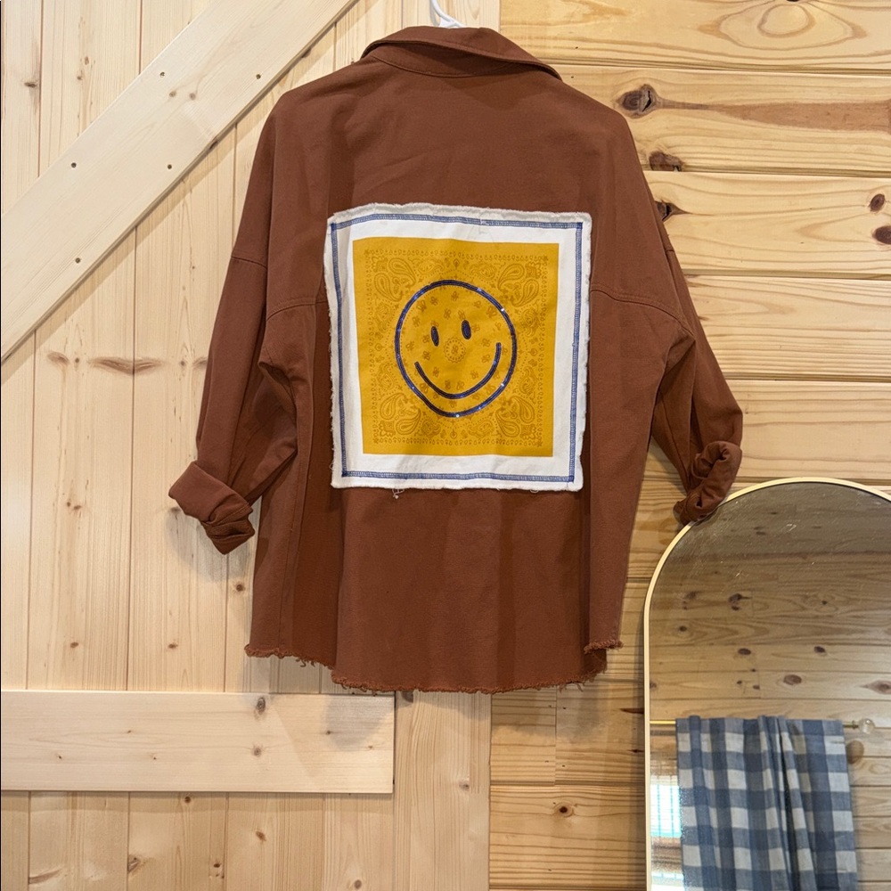 Brown Shirt with Yellow Smiley Patch fantastic fawn.